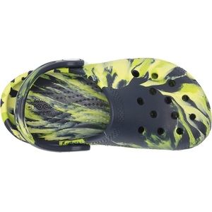Crocs in dark blue and green swirl pattern. Kids size 12